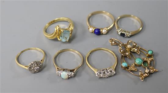 Six assorted gem set dress rings including two 18ct gold and three 9ct gold and a 9ct gold and gem set pendant.